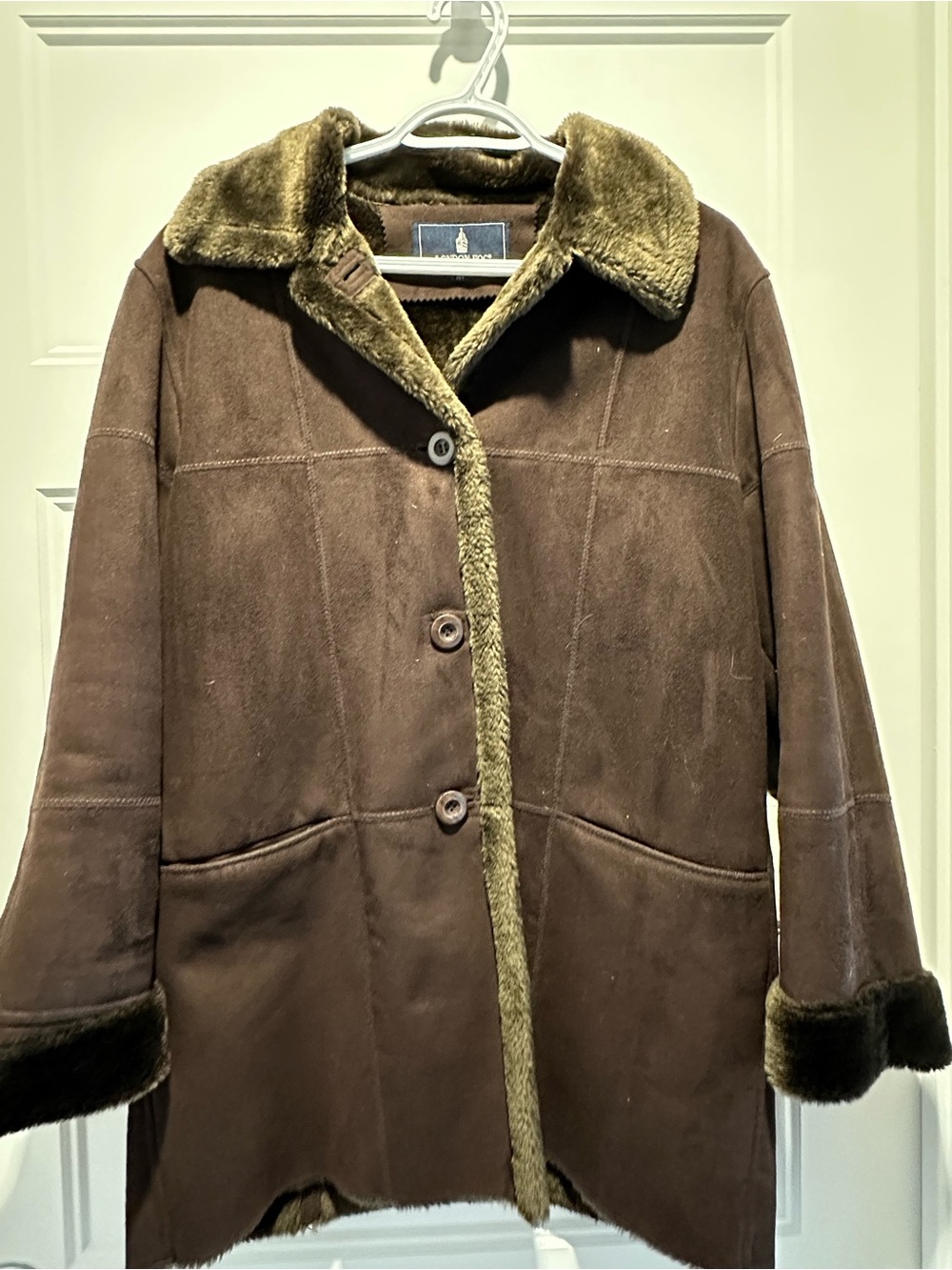 London Fog Brown Shearling Pea Coat with Olive Trim